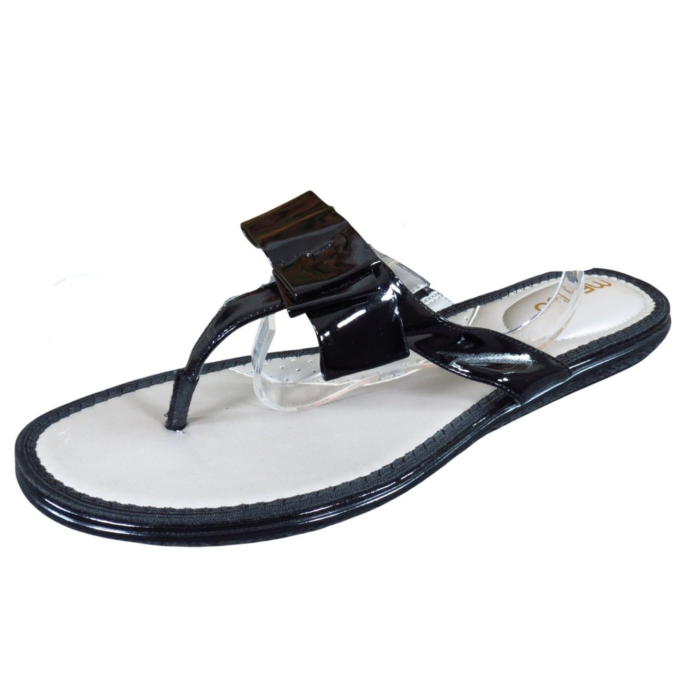 Me Too Brianna Women Sandal Size 11 Casual Black Patent Bow Thong Flats